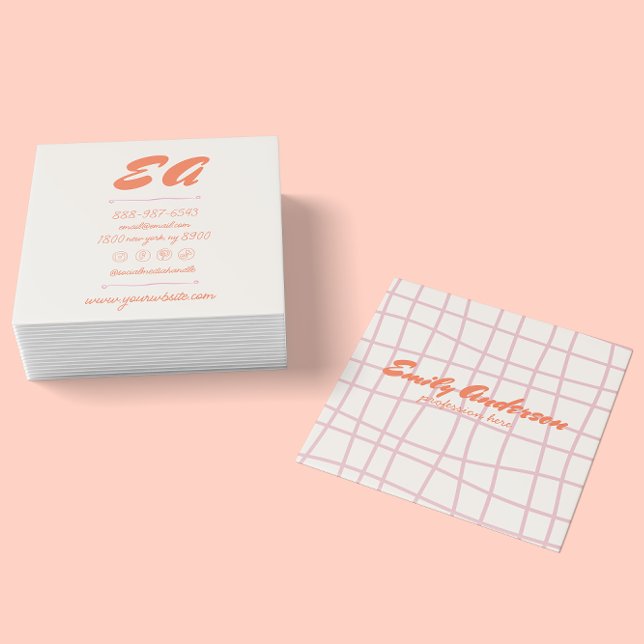 Retro Pink Orange Hand Written Drawn Groovy Girly  Square Business Card (Creator Uploaded)