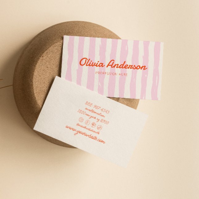 Retro Pink Orange Handwritten Drawn Stripped Girly Business Card (Creator Uploaded)