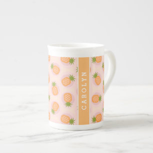 Retro pink orange pineapple patterns monogram bone china mug
