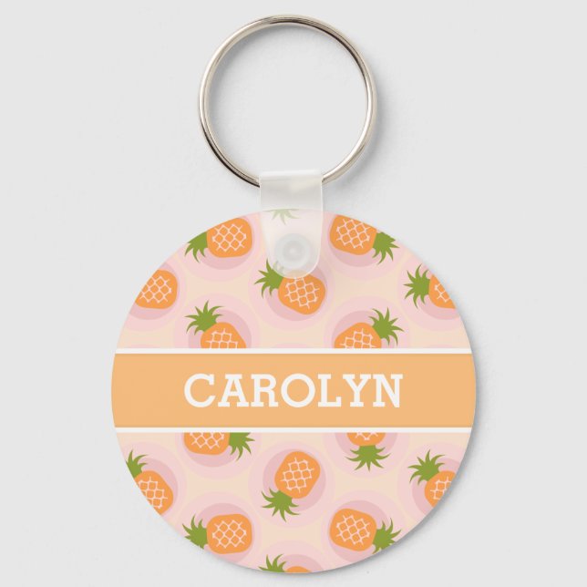 Retro pink orange pineapple patterns monogram keychain (Front)