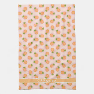Retro pink orange pineapple patterns monogram kitchen towel
