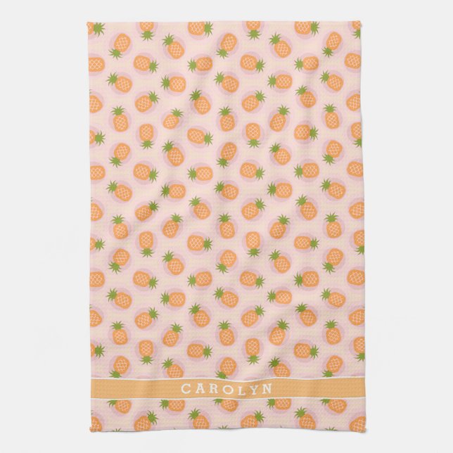Retro pink orange pineapple patterns monogram kitchen towel (Vertical)