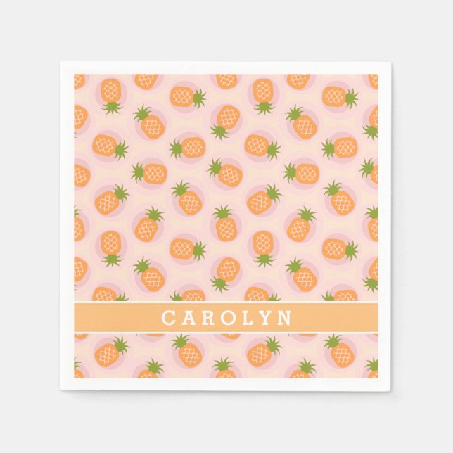 Retro pink orange pineapple patterns monogram napkin (Front)