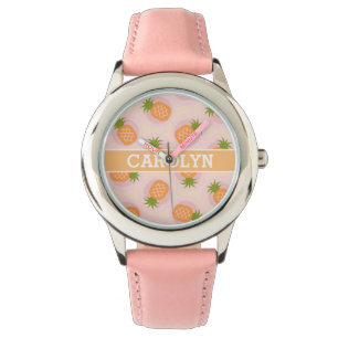 Retro pink orange pineapple patterns monogram watch