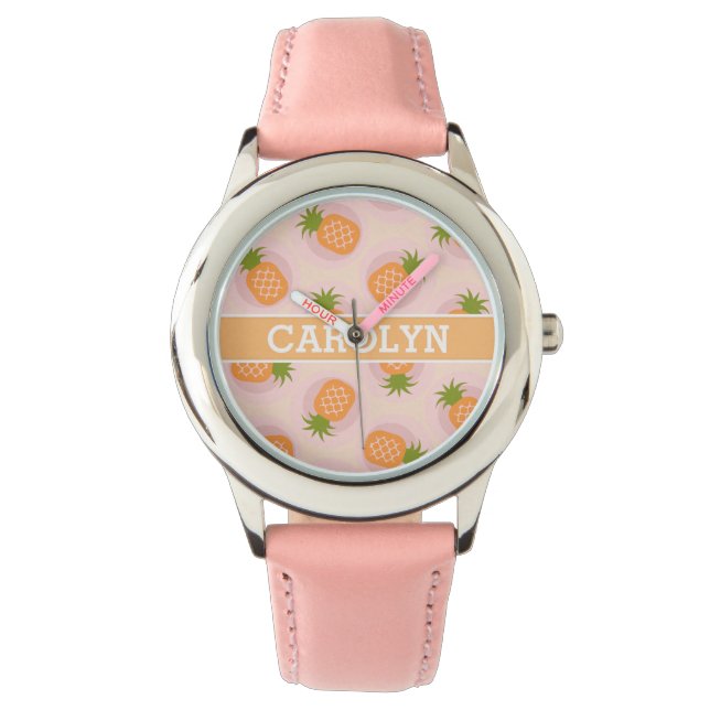 Retro pink orange pineapple patterns monogram watch (Front)