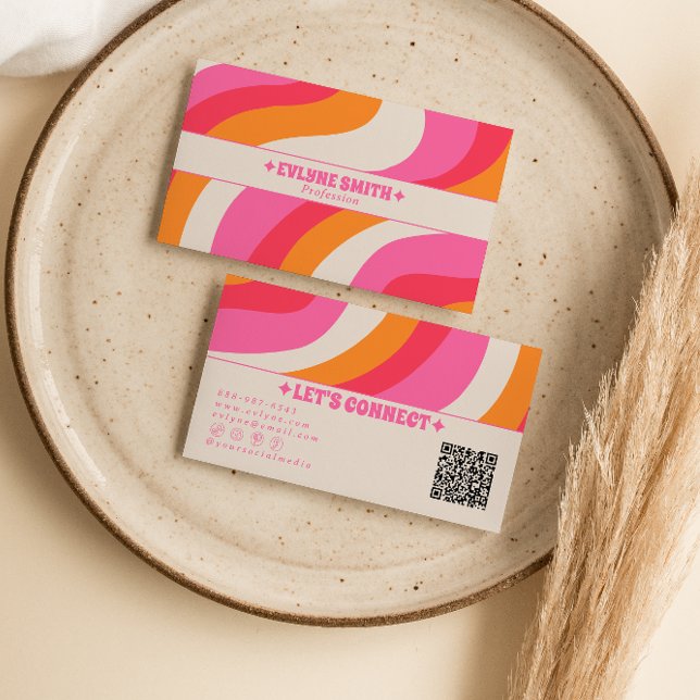 Retro Pink Orange QR Code Boho Groovy Girly Trendy Business Card (Creator Uploaded)