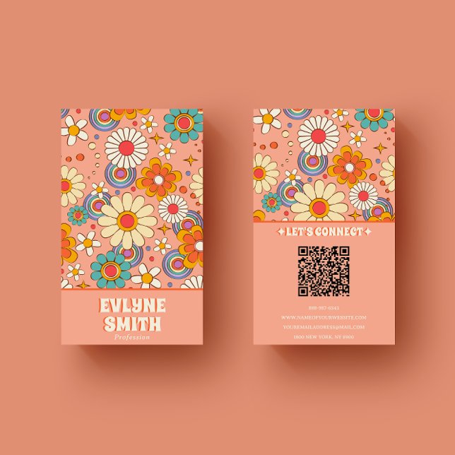 Retro Pink Orange QR Code Groovy Floral Trendy Business Card (Creator Uploaded)