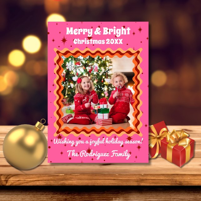 Retro Pink Orange Red 70s Merry & Bright Christmas Holiday Card (Creator Uploaded)