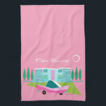 Retro Pink Palm Springs Kitchen Towels<br><div class="desc">Between the pink background, turquoise mid century modern home, and the classic 1950s car, this design couldn’t be more Palm Springs if it said it in the clouds. Oh, wait, it does say it in the clouds! The blue and teal stone of the house is offset by the sputnik light...</div>