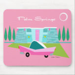Retro Pink Palm Springs Mousepad<br><div class="desc">Between the pink background, turquoise mid century modern home, and the classic 1950s car, this design couldn’t be more Palm Springs if it said it in the clouds. Oh, wait, it does say it in the clouds! The blue and teal stone of the house is offset by the sputnik light...</div>
