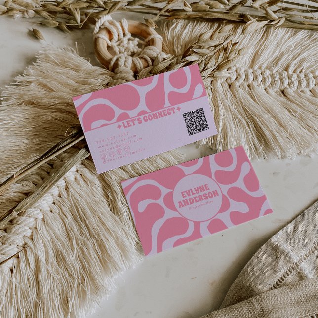 Retro Pink Pastel QR Code 70s Groovy Girly Trendy Business Card (Creator Uploaded)