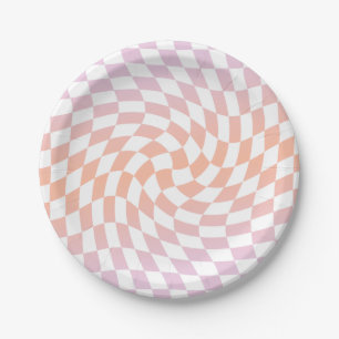 Retro Pink Peach Checks Warped Chequerboard   Paper Plate