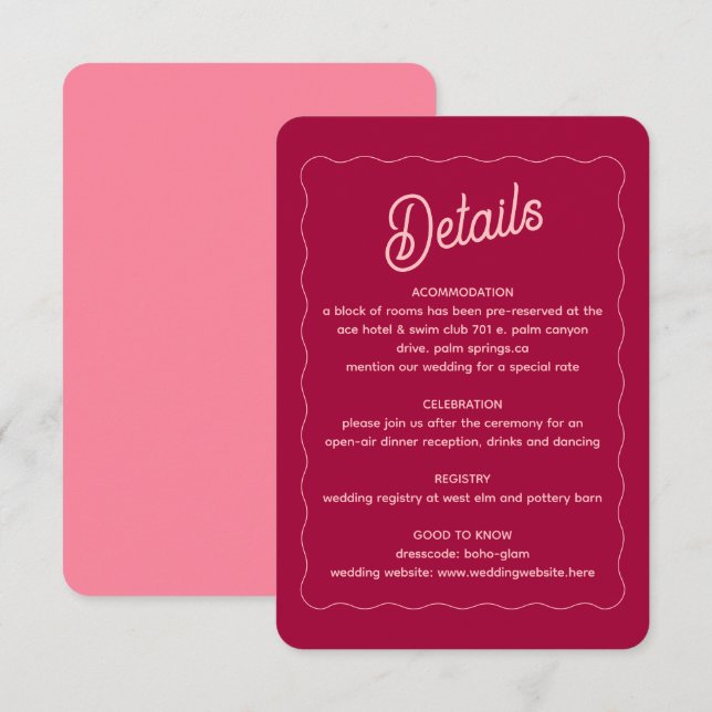 Retro Pink Peach Wave Frame Wedding Details Enclosure Card (Front/Back)