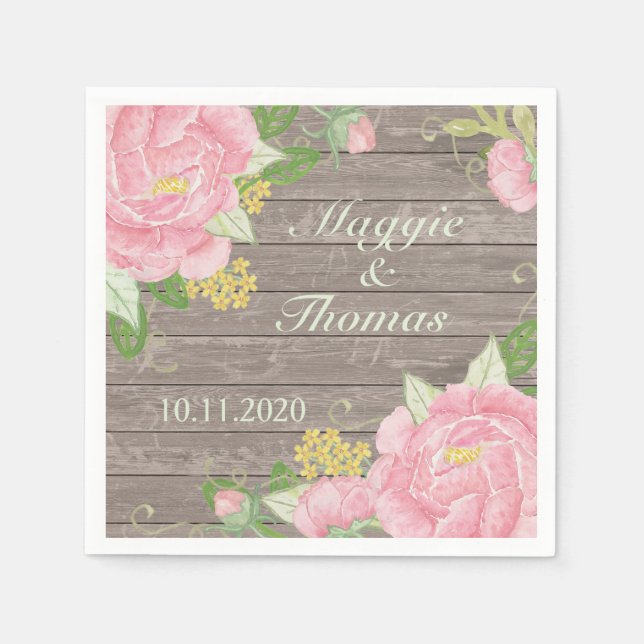 Retro pink peony on wood Wedding Napkins (Front)