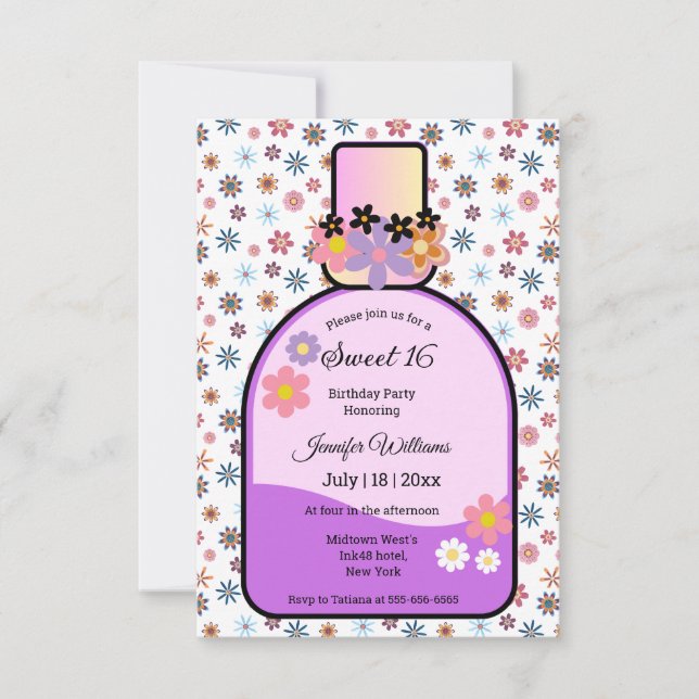 retro pink perfume bottle floral sweet 16   invitation (Front)