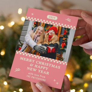 Retro Pink Personalized Christmas Photo Holiday Card