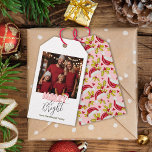Retro Pink Photo Festive Merry Bright Christmas Gift Tags<br><div class="desc">This simple and minimal, yet festive Merry and Bright Christmas design was created using a fun modern script font and my hand lettered block font in a retro style in light pink and red topped off with my hand painted Santa hat with holly and berries to make your family photo...</div>