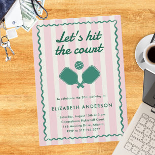 Retro Pink Pickleball Elegant Birthday Party Invitation