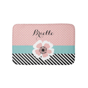 Retro Pink Polka Dots and Stripes Flower With Name Bath Mat