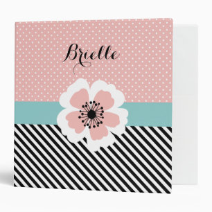 Retro Pink Polka Dots and Stripes Flower With Name Binder