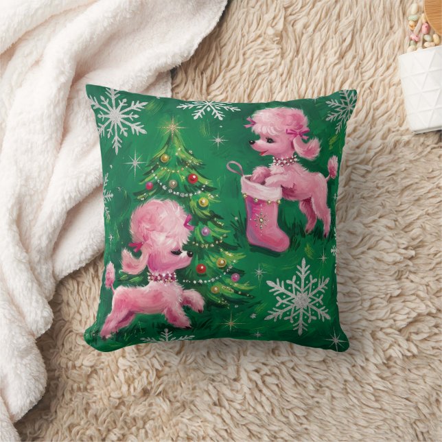 Retro Pink Poodle Holiday Throw Pillow (Blanket)