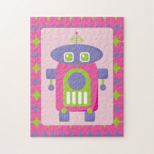 Retro Pink, Purple and Green Robot with Stars Jigsaw Puzzle