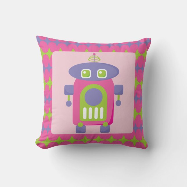 Retro Pink, Purple and Green Robot with Stars Throw Pillow (Front)