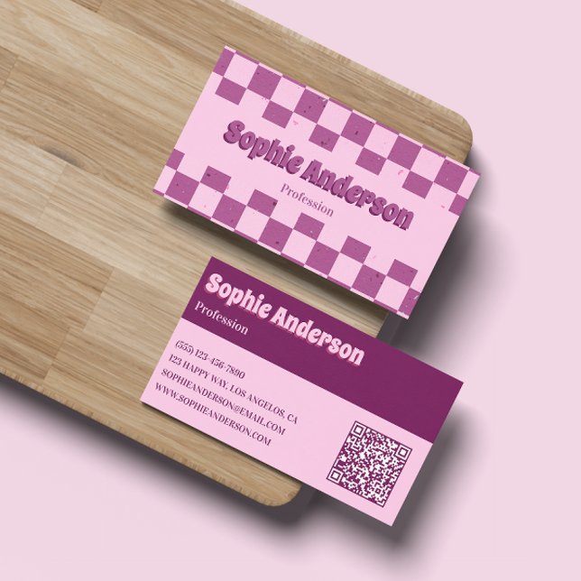 Retro Pink & Purple Checkerboard with QR Code Business Card (Creator Uploaded)