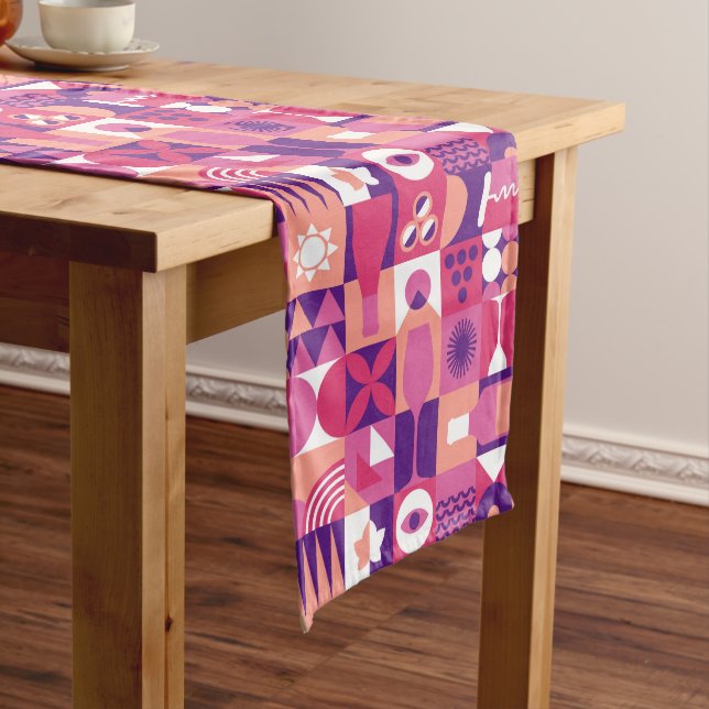 Retro Pink Purple Wine Bauhaus Pattern Long Table Runner (In Situ)