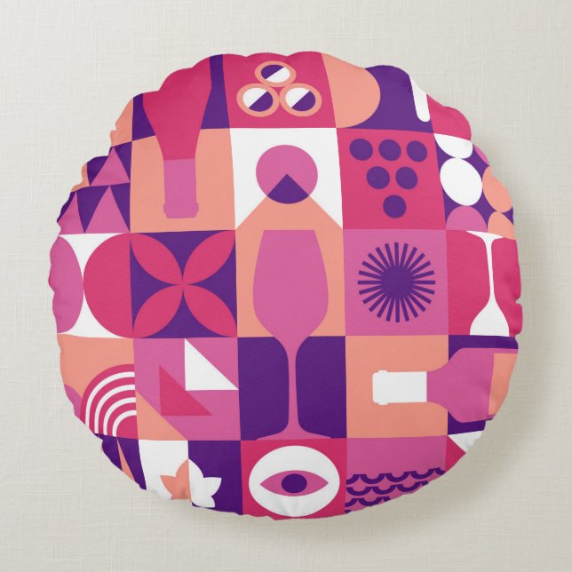 Retro Pink Purple Wine Bauhaus Pattern Round Pillow (Front)