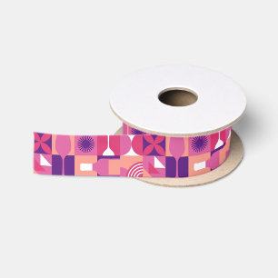 Retro Pink Purple Wine Bauhaus Pattern Satin Ribbon