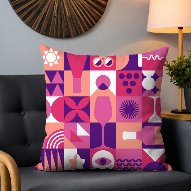 Retro Pink Purple Wine Bauhaus Pattern Throw Pillow (Creator Uploaded)