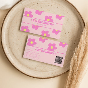 Retro Pink QR Code Groovy Floral Boho Girly Unique Business Card