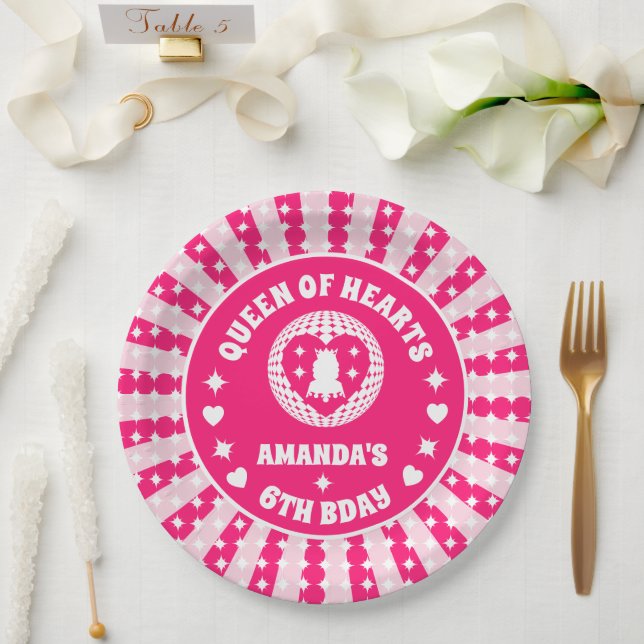 Retro Pink Queen Of Hearts Birthday Paper Plate (Wedding)