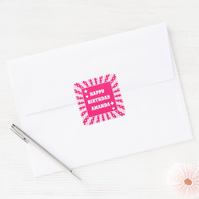 Retro Pink Queen Of Hearts Birthday Square Sticker (Envelope)