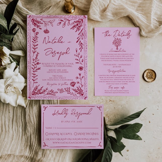 Retro Pink Raspberry Drawn Floral Garden Wedding Invitation (Creator Uploaded)
