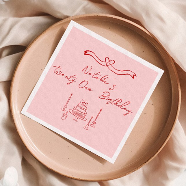 Retro Pink Red 21st Hand Drawn Cake Bow Birthday  Napkin (Creator Uploaded)
