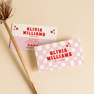 Retro Pink Red Bold Groovy Trendy Girly Checkered Business Card