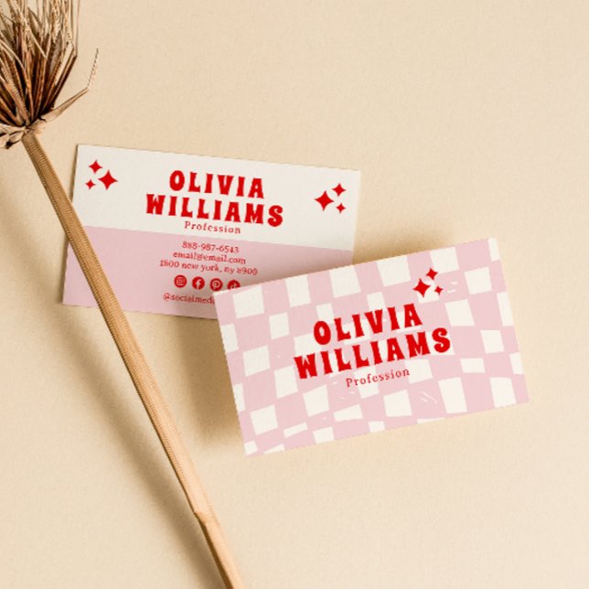 Retro Pink Red Bold Groovy Trendy Girly Chequered Business Card (Creator Uploaded)