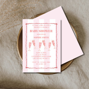Retro Pink Red Border Brunch & Bubbly Baby Shower Invitation