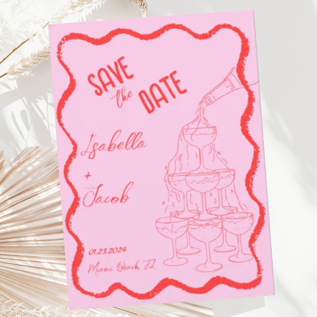 Retro Pink Red Champagne Tower Wavy Save the Date Invitation (Creator Uploaded)
