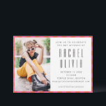 Retro Pink Red Chequerboard Bat Mitzvah Photo  Invitation<br><div class="desc">Celebrate this meaningful milestone with a bold, modern Bat Mitzvah invitation that perfectly blends style and tradition. This eye-catching design features a trendy vertical name layout paired with sleek sans-serif typography, a vibrant chequerboard-style border in pink and red, and a large customizable photo area to showcase the guest of honour’s...</div>