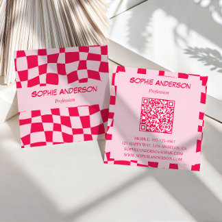 Retro Pink & Red Chequerboard QR Code Square Business Card