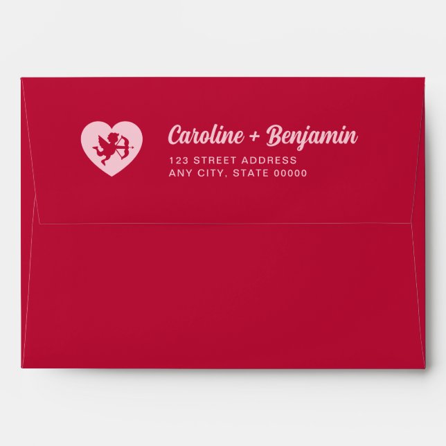 Retro Pink Red Cupid Heart Wedding Return Address Envelope (Back (Top Flap))