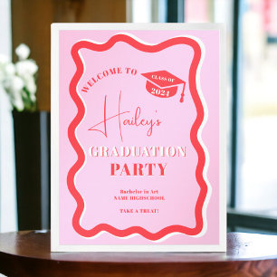 Retro pink red curve squiggle wavy graduation poster