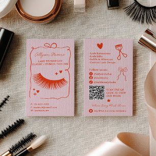 Retro Pink Red Doodles Lash Tech QR Code Business Card