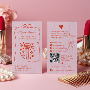 Retro Pink Red Doodles Makeup Artist QR Code Business Card