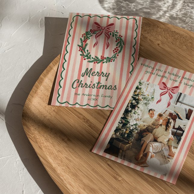  Retro Pink Red Green Drawn Wreath Bow Christmas  Holiday Card (Creator Uploaded)