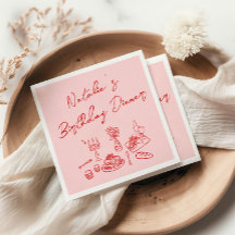 Retro Pink Red Hand Drawn Fun Birthday Dinner