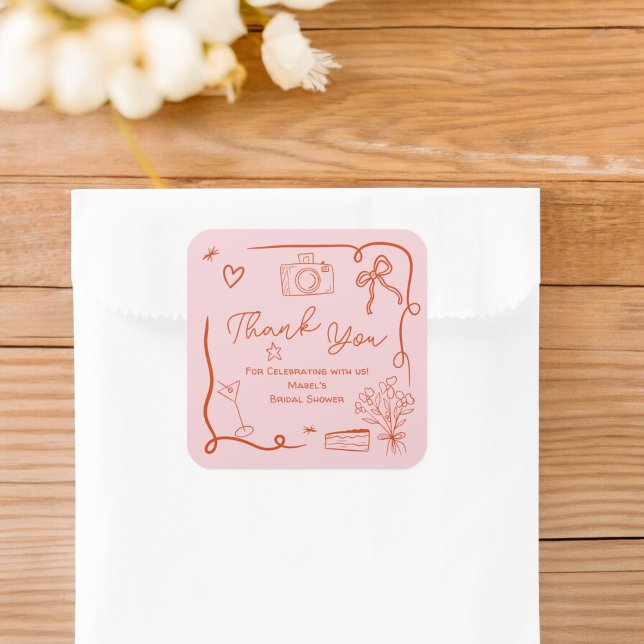 Retro pink red handdrawn illustrated bridal shower square sticker (Retro pink red handdrawn illustrated bridal shower square sticker)